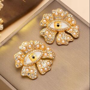 Schiaparelli Inspired Elegant Gold and Pearl Eye Earrings